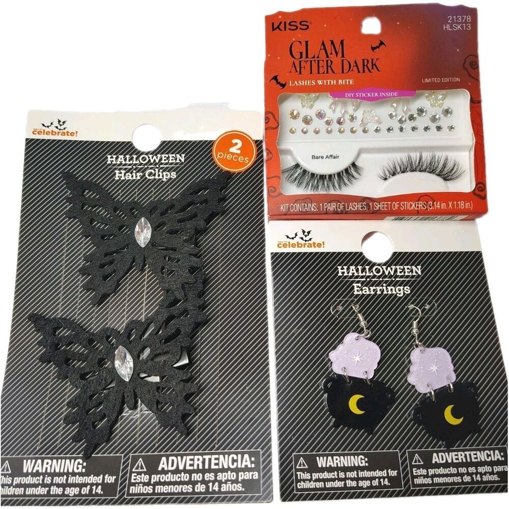 Halloween Accessories Lot 3 Piece Set Hair Clips Earrings KISS False Lashes